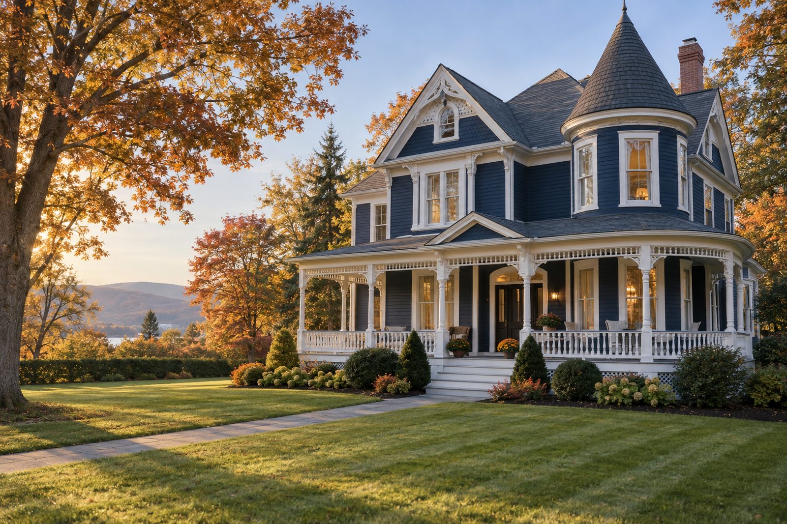 A well-kept navy Victorian house with a turret and wraparound porch on an autumn street